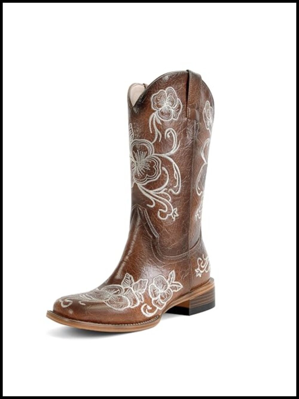 Western Cowboy Boots Floral Embroidered Chunky Heel Mid Calf Leather Square Toe